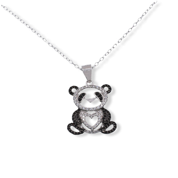 Rhodium Plated 925 Sterling Silver Panda Heart Black and Clear CZ Pendant Necklace