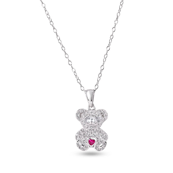 Rhodium Plated 925 Sterling Silver Bear Heart Red and Clear CZ Pendant Necklace