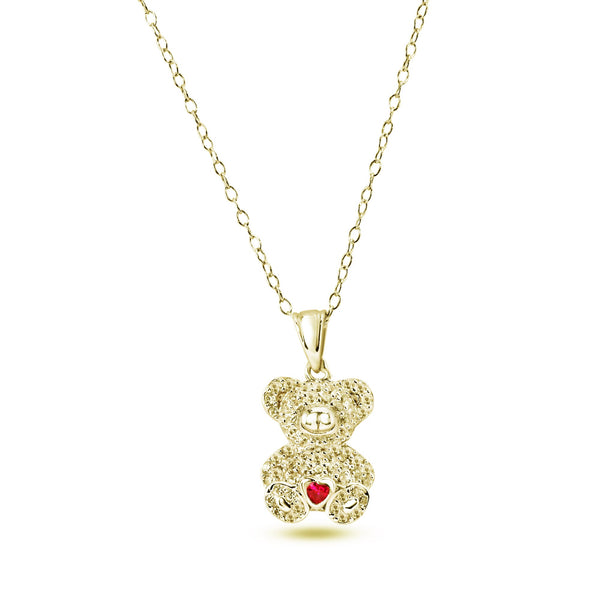 Gold Plated 925 Sterling Silver Bear Heart Red and Clear CZ Pendant Necklace