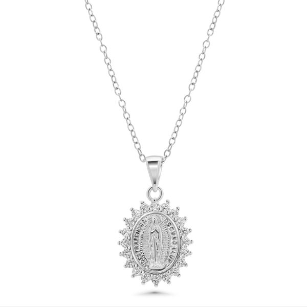 Rhodium Plated 925 Sterling Silver 12.3mm x 14.5mm Our Lady of Guadalupe Pear Shaped Clear CZ Adjustable Pendant Necklace