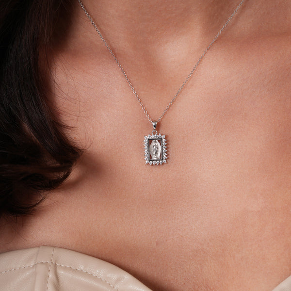 Rhodium Plated 925 Sterling Silver 11.6mm x 14.7mm Framed Our Lady of Guadalupe Pear Shaped Clear CZ Adjustable Pendant Necklace