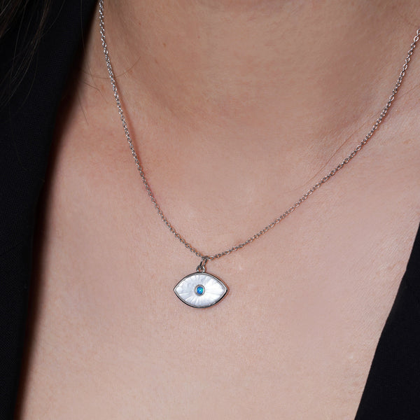 Rhodium Plated 925 Sterling Silver Synthetic White Pearl Evil Eye Blue CZ Pendant Necklace