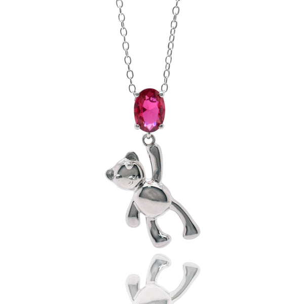 Rhodium Plated 925 Sterling Silver Teddy Bear Synthetic Ruby Red CZ Pendant Necklace