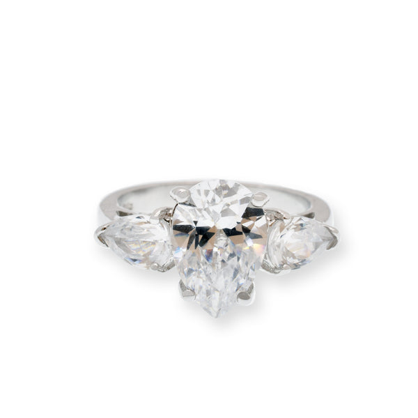 Rhodium Plated 925 Sterling Silver Past Present Future Pear Shaped CZ Ring