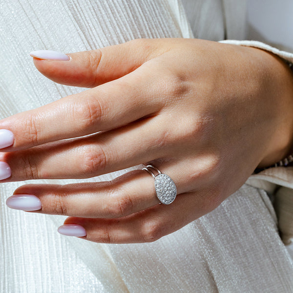 Silver 925 Rhodium Plated Pave Set CZ Oval Ring