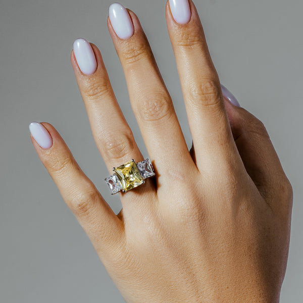 Silver 925 Rhodium Plated Yellow Center and Clear CZ Ring