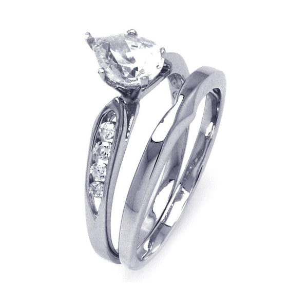 Silver 925 Rhodium Plated Clear Teardrop CZ Bridal Ring Set
