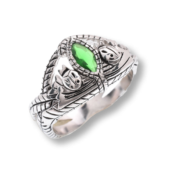 Rhodium Plated 925 Sterling Silver Mystical Green Marquise CZ Intricate Leaf Detailed 13.8mm Ring