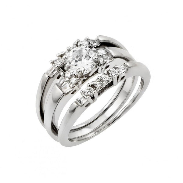 Silver 925 Rhodium Plated Clear Round CZ Inlay Bridal Engagement Ring Pair Set