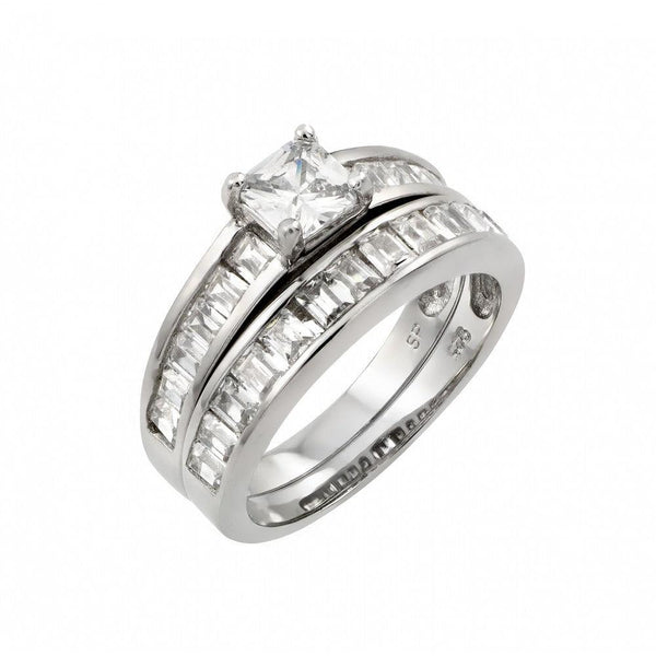 Silver 925 Rhodium Plated Clear Square CZ Inlay Engagement Ring Pair Set