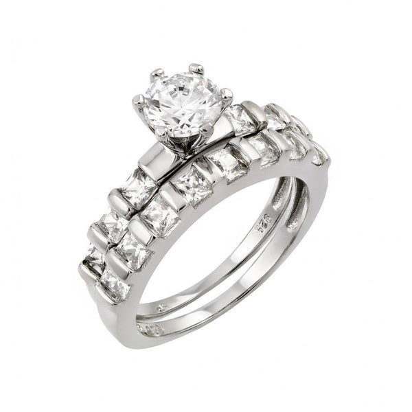Silver 925 Rhodium Plated CZ Clear Inlay Engagement Ring Pair Set