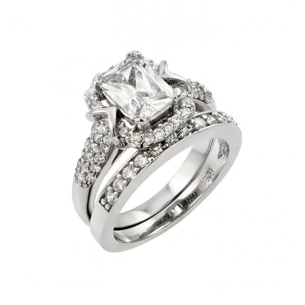 Silver 925 Rhodium Plated Clear Pave Square CZ Engagement Ring Pair Set