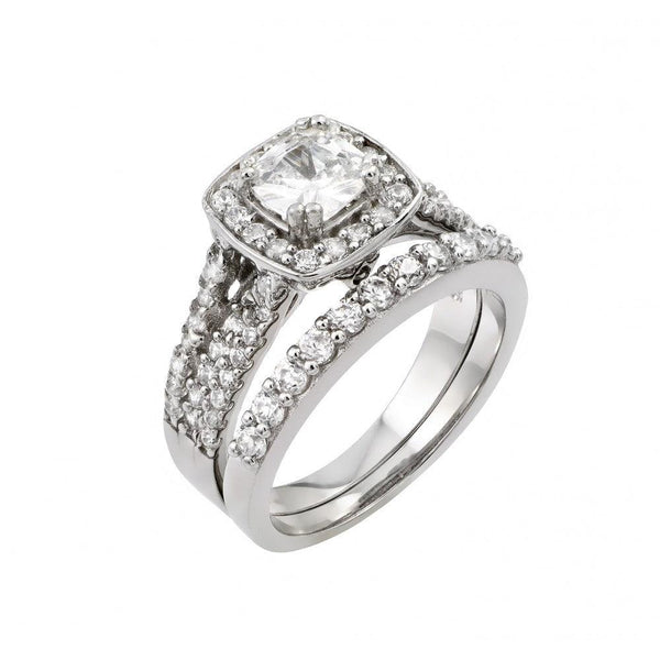 Silver 925 Rhodium Plated Clear Cluster Square CZ Engagement Ring Pair Set