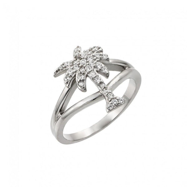 Silver 925 Rhodium Plated Pave Set Clear CZ Palm Tree Ring