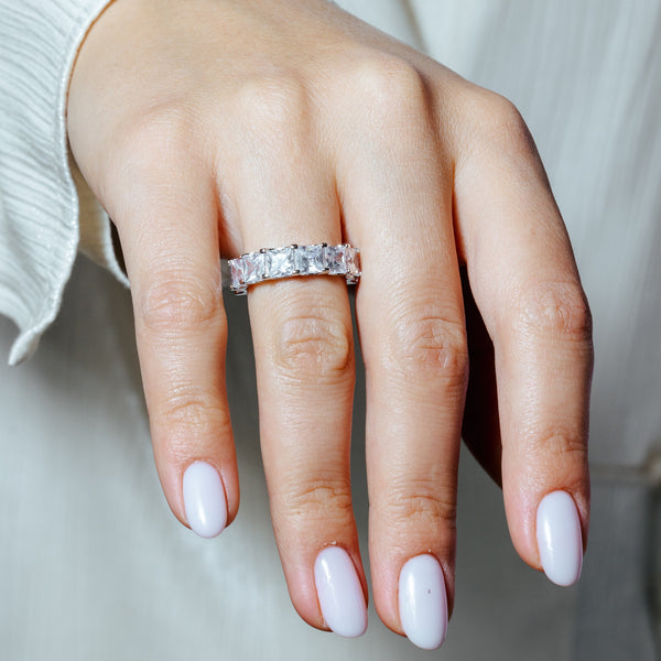 Silver 925 Rhodium Plated Eternity Square Clear CZ Ring