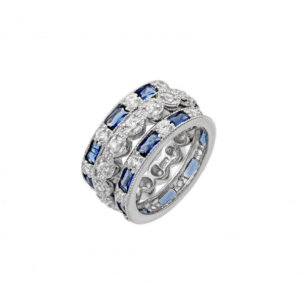 Silver 925 Rhodium Plated Blue Baguette and Round Clear CZ Ring