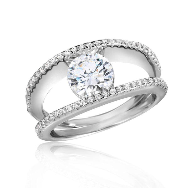 Silver 925 Rhodium 2 Row CZ Band with A 7mm Center Stone Ring