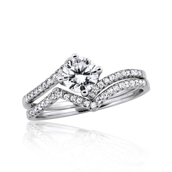 Silver 925 Rhodium Plated 2 Zigzag  Engagement CZ Ring with 6mm Center