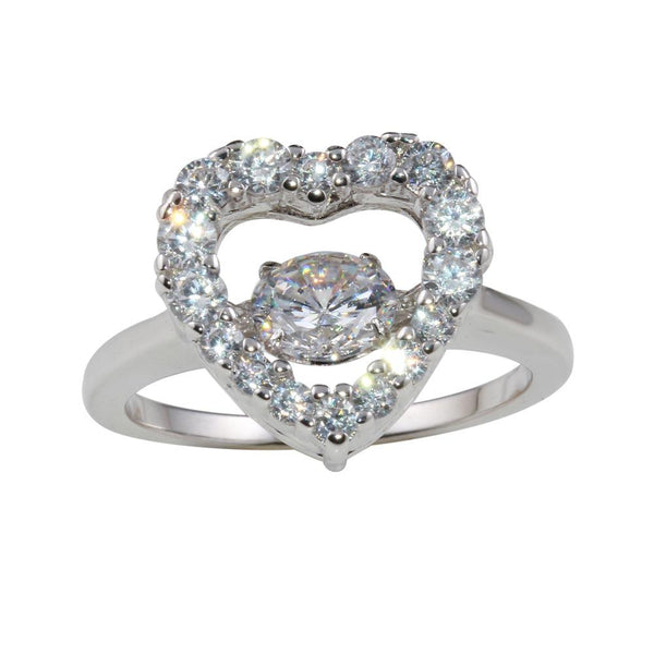 Rhodium Plated 925 Sterling Silver Heart-Shaped Dancing CZ Ring