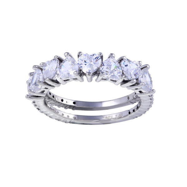 Rhodium Plated 925 Sterling Silver Two Bar Multi Heart CZ Ring