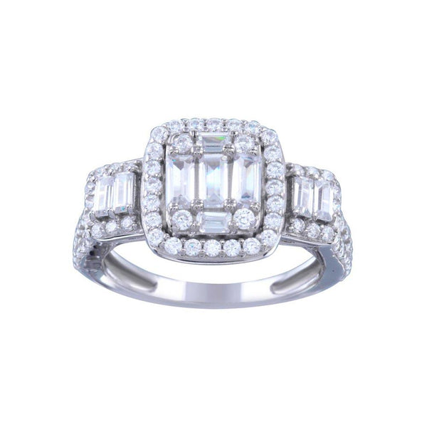 Rhodium Plated 925 Sterling Silver Past Present Future Baguette CZ Bridal Ring