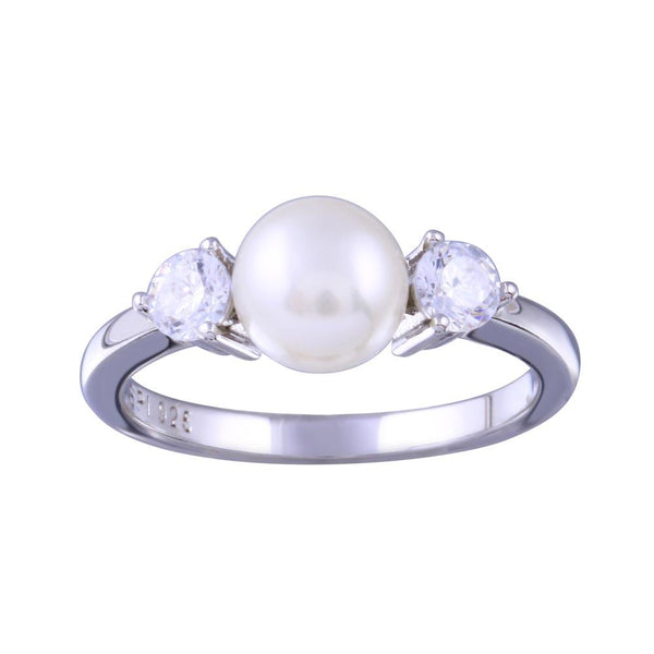 Rhodium Plated 925 Sterling Silver Freshwater Pearl with Clear CZ Ring