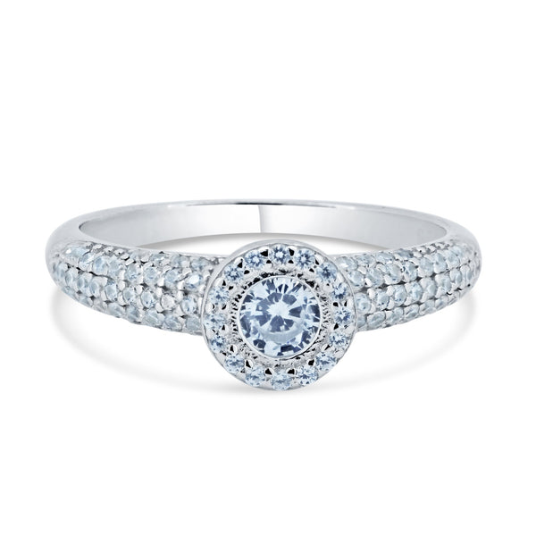 Rhodium Plated 925 Sterling Silver  Halo Micro Pave Engagement CZ Encrusted Ring