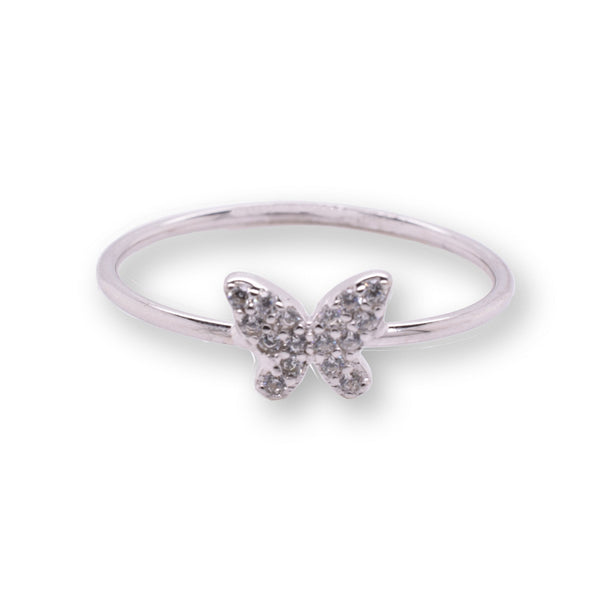 Rhodium Plated 925 Sterling Silver Butterfly 1mm Clear CZ Ring
