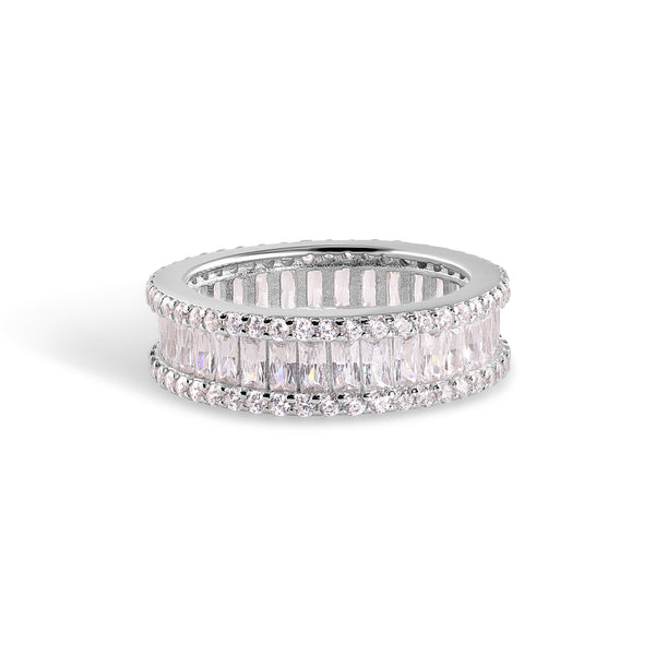 925 Sterling Silver Nickel Free Rhodium Plated Eternity Baguette and Round Clear CZ Ring