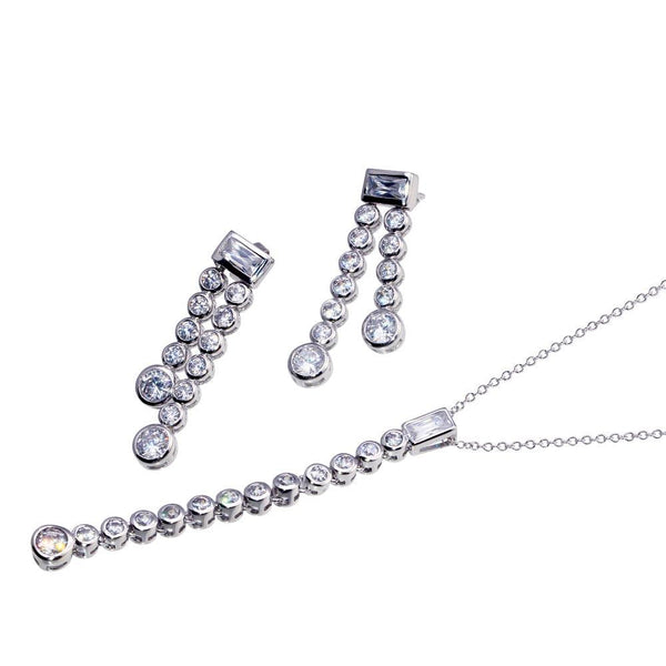 Silver 925 Rhodium Plated Two Graduated Round Strand Baguette CZ Stud Earring and Necklace Set