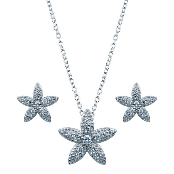 Rhodium Plated 925 Sterling Silver Flower CZ Stud Earring and Necklace Set