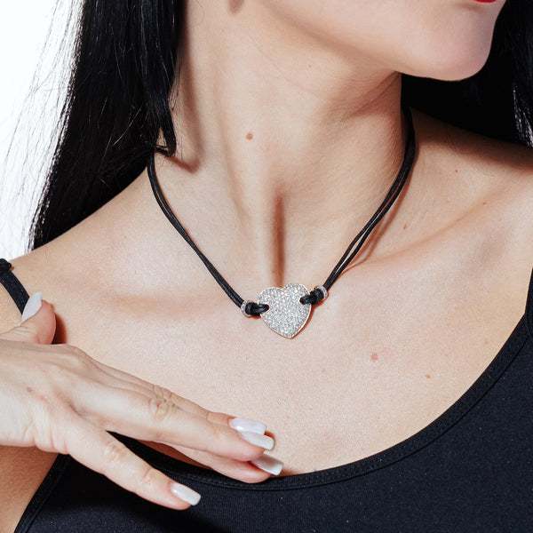 Silver 925 Rhodium Plated Heart CZ Dangling Stud Earring and Black Escape Rope Necklace Set