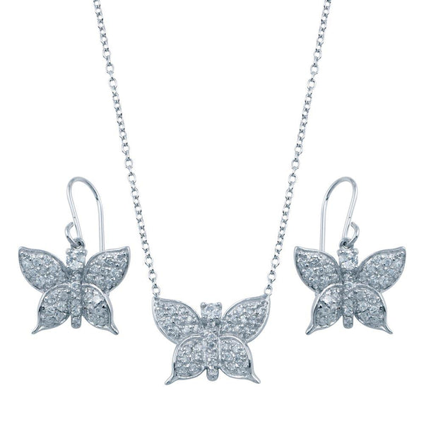 Rhodium Plated 925 Sterling Silver Butterfly CZ Hook Earring and Necklace Set