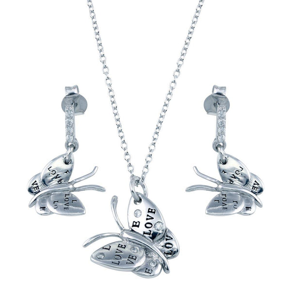 Rhodium Plated 925 Sterling Silver Butterfly CZ Dangling Earring and Necklace Set