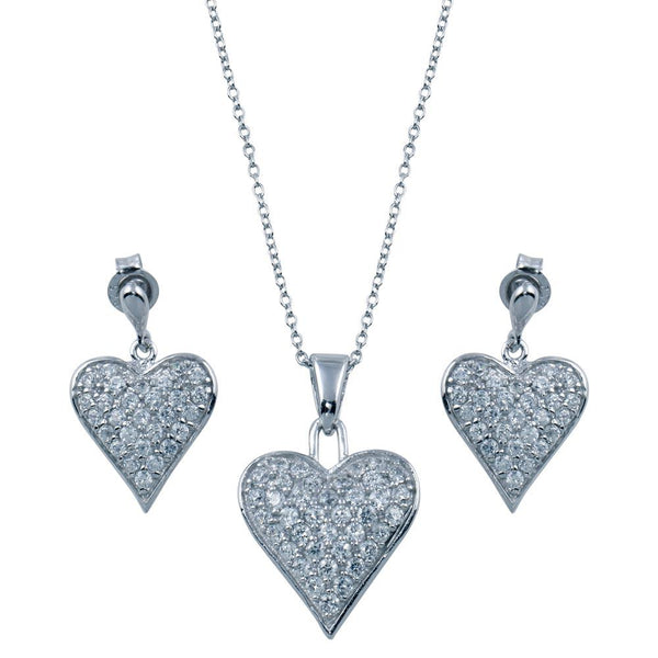 Rhodium Plated 925 Sterling Silver Heart CZ Stud Dangling Earring and Necklace Set