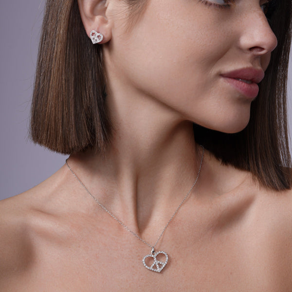 Silver 925 Rhodium Plated Open Heart Peace Sign CZ Stud Earring and Necklace Set