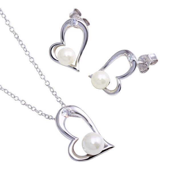 Rhodium Plated 925 Sterling Silver Open Heart Pendant Necklace with Synthetic Pearl and CZ