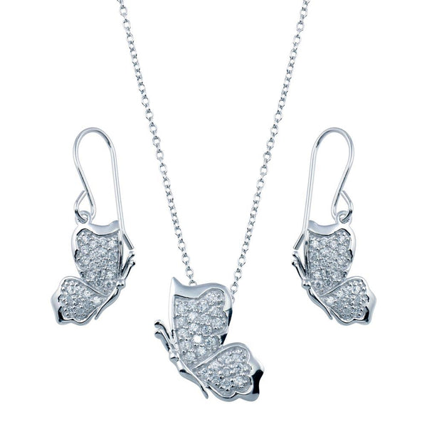 Rhodium Plated 925 Sterling Silver Butterfly Necklace and Earring Set