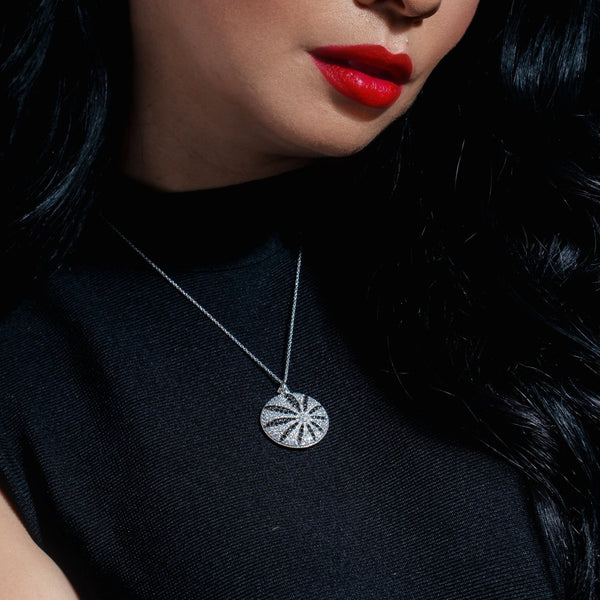 Silver 925 Rhodium Clear & Black CZ Disk Earring and Necklace Set