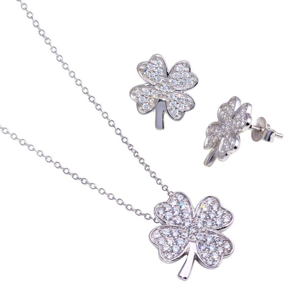 Silver 925 Rhodium Plated Clover CZ Stud Earring and Necklace Set