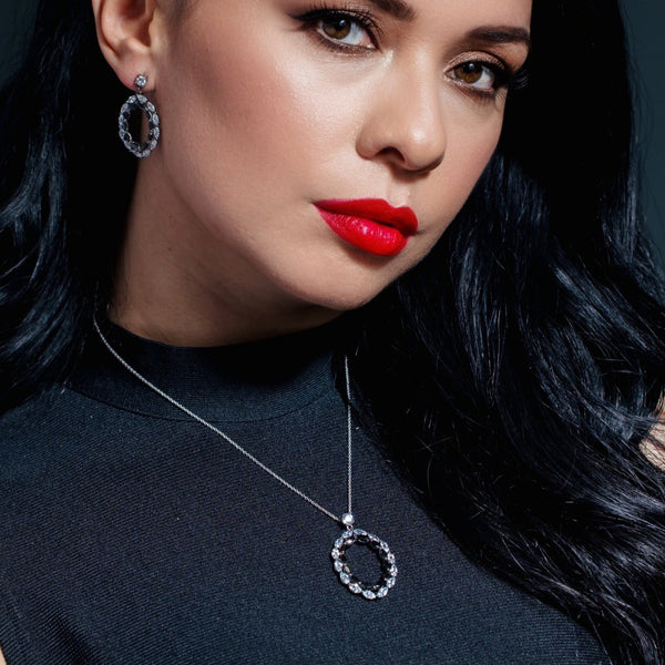 Silver 925 Rhodium Plated Open Marquis Black and Clear CZ Dangling Earring and Necklace Set