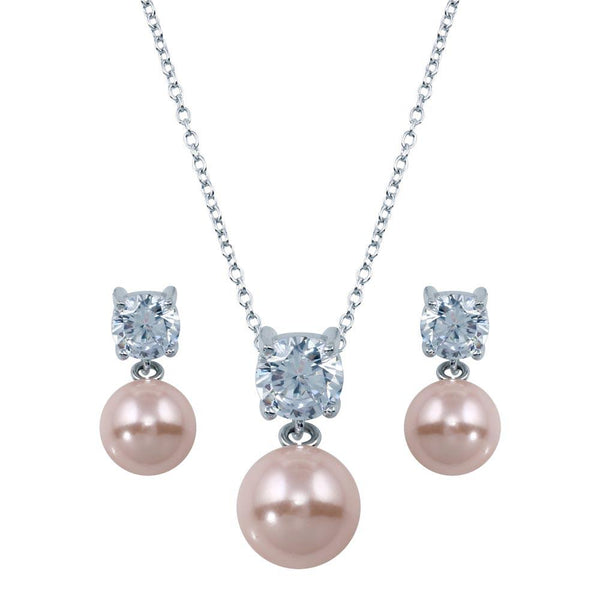 Rhodium Plated 925 Sterling Silver Pink Pearl Dangling Stud Earring and Necklace Set