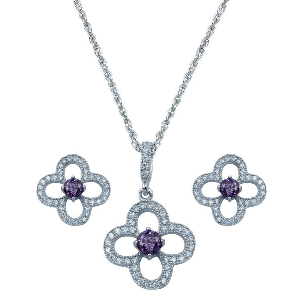 Rhodium Plated 925 Sterling Silver Open Flower Purple Small Round CZ Stud Earring and Necklace Set