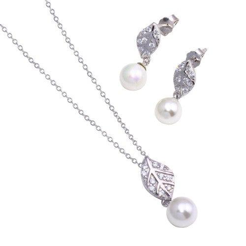 Silver 925 Rhodium Plated Leaf CZ Hanging Dangling Pearl Stud Earring and Necklace Set