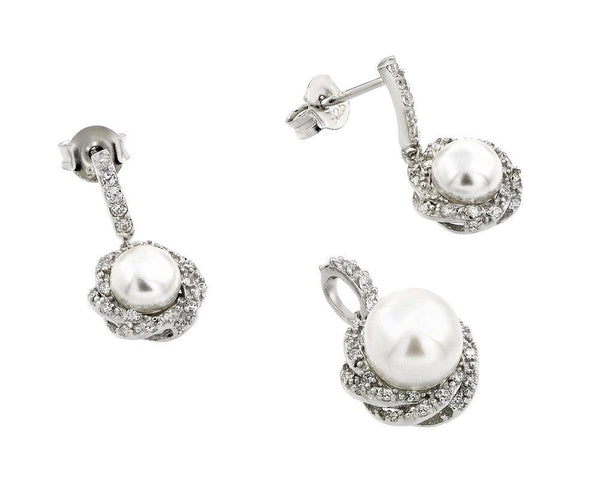 Silver 925 Rhodium Plated Twist Desing CZ Center Pearl Dangling Stud Earring and Necklace Set