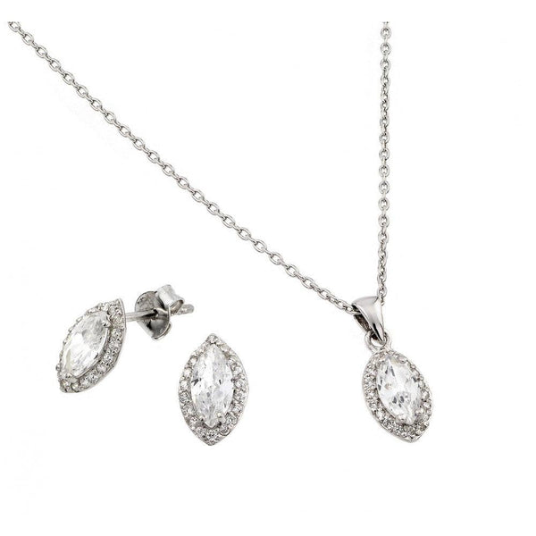 Silver 925 Rhodium Plated Marquis CZ Stud Earring and Necklace Set