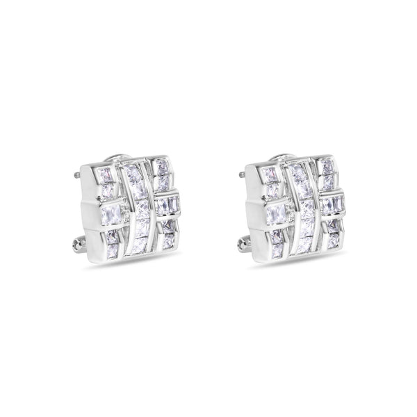 Rhodium Plated 925 Sterling Silver Square Cross Design Clear CZ Lever back Earrings