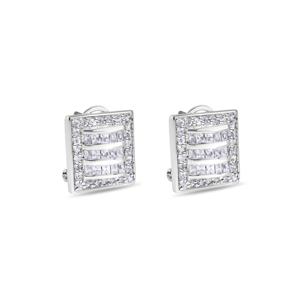 Final Price-Rhodium Plated 925 Sterling Silver Square Linear Design Clear CZ Lever back Earrings