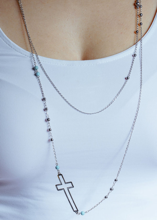 Rhodium Plated 925 Sterling Silver Cross Chain Necklace with Turquoise Beads