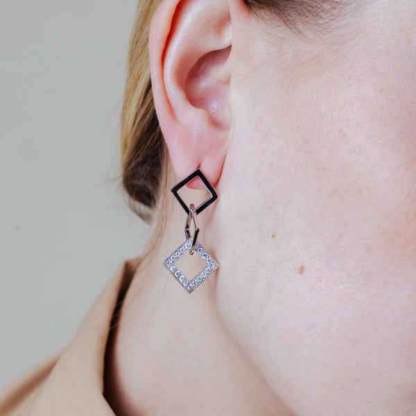 Silver 925 Rhodium Plated Micro Pave Multiple Square Clear CZ Dangling Earrings